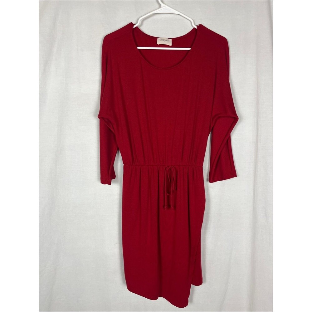 Everly Red Ribbed Midi Long Sleeve Dress